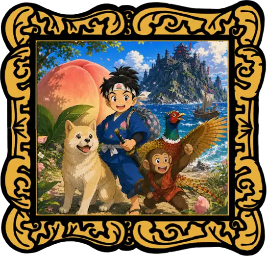 Momotaro: The Peach Boy audio cover showing Momotaro, his animal friends, a giant peach and Ogre Island in a gold frame.