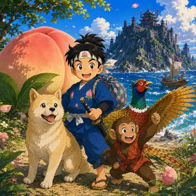 Momotaro: The Peach Boy cover image with Momotaro, the dog, monkey, pheasant, giant peach and Ogre Island in manga style.