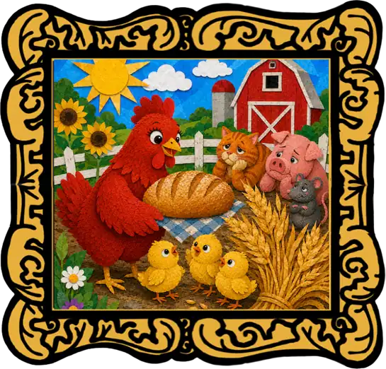 The Little Red Hen audio cover showing the red hen, chicks and barnyard animals in a gold frame