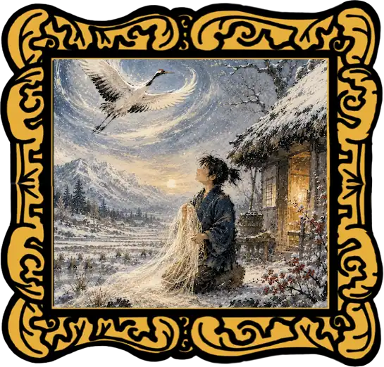 Audio cover for The Grateful Crane showing Haru holding the glowing cloth as the crane flies over a snowy Japanese landscape