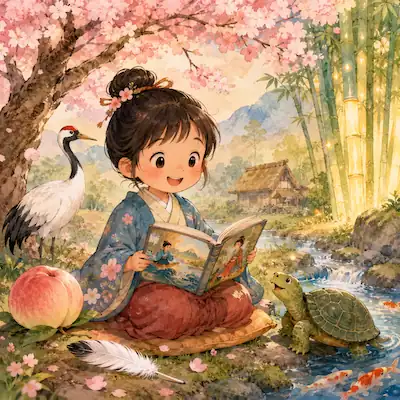 Japanese storybook-style child with folk tale symbols including cherry blossoms, a crane, a turtle, a peach and bamboo for a Japanese folk tales for kids article.