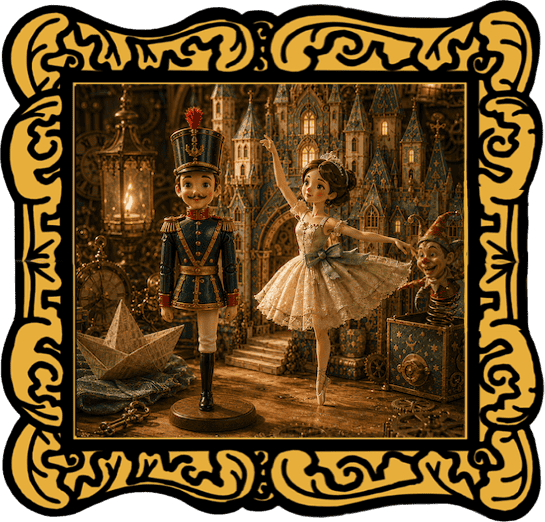 Audio cover for The Steadfast Tin Soldier showing the one-legged tin soldier and paper ballerina framed in a decorative gold storybook border