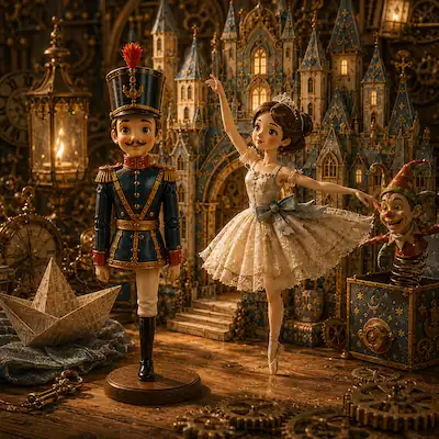 Cover image for The Steadfast Tin Soldier showing the one-legged soldier and paper ballerina in a magical Victorian steampunk nursery