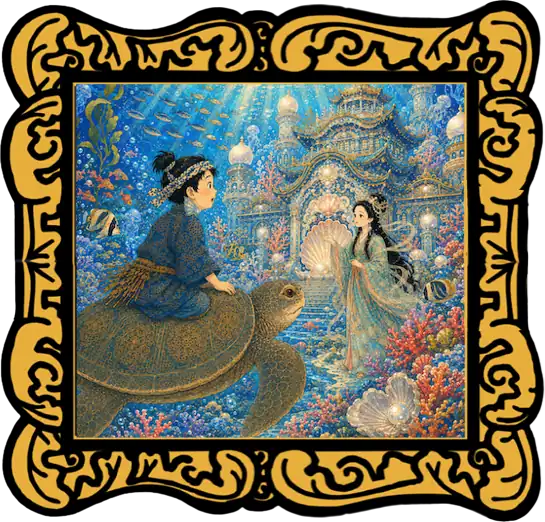 Audio cover for The Tale of Urashima Tarō with a gold frame, turtle, Otohime and undersea palace.