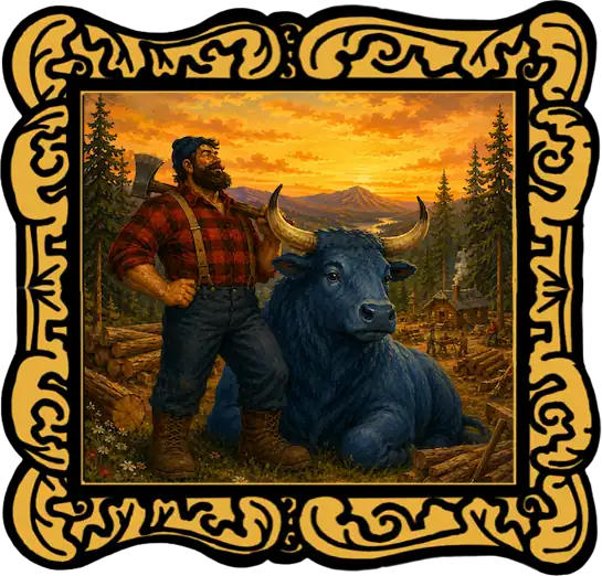 Paul Bunyan stands with Babe the Blue Ox inside a gold frame for the read-aloud version of the story.