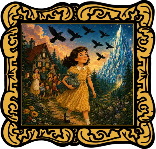 Audio cover for The Seven Ravens showing the story cover artwork with a gold frame, a girl walking toward a glass mountain and seven ravens in the sky.