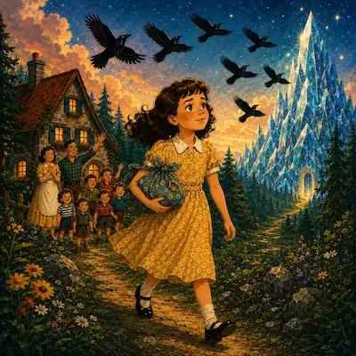 Featured image for The Seven Ravens showing a girl carrying a bundle toward a glowing glass mountain as seven black ravens fly overhead.