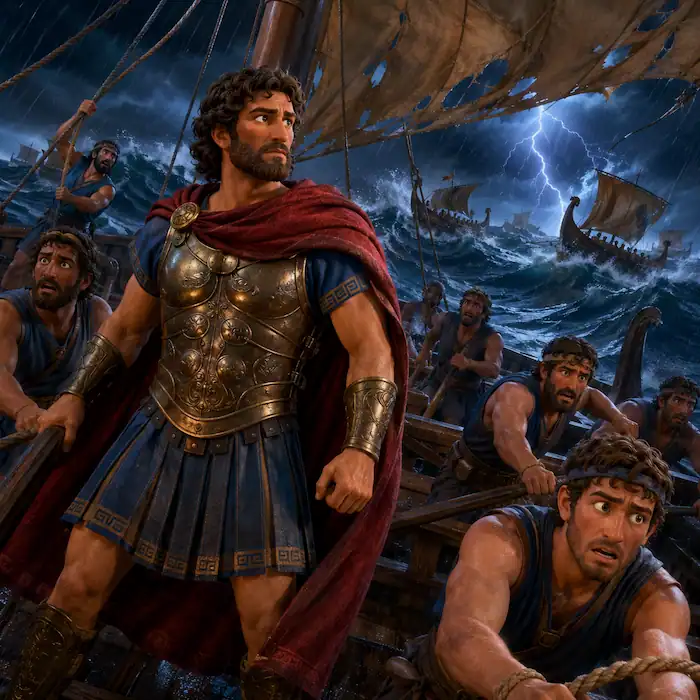 Odysseus and his sailors struggle through a storm at sea with lightning behind their ships