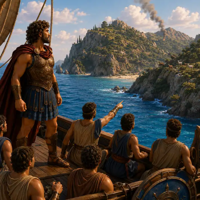 Odysseus and his sailors approaching a rocky island by ship