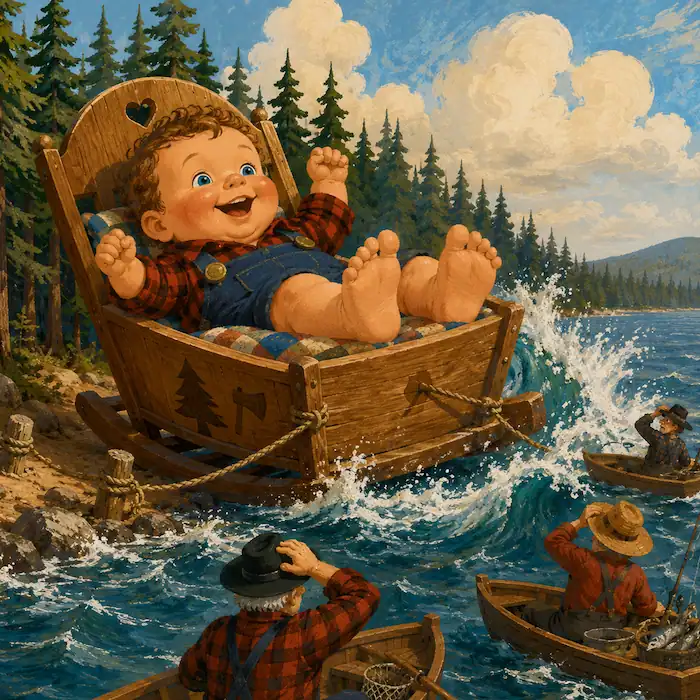 Baby Paul Bunyan laughs in a wooden cradle rocking on the water in the Paul Bunyan and Babe the Blue Ox tall tale.