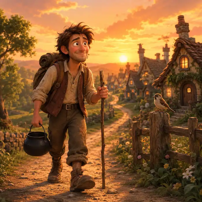 A hungry traveler walks toward a village at sunset carrying a pot and walking stick