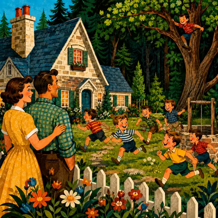 The Seven Ravens story illustration showing two parents watching seven boys run, play and climb near a cottage garden by the forest.