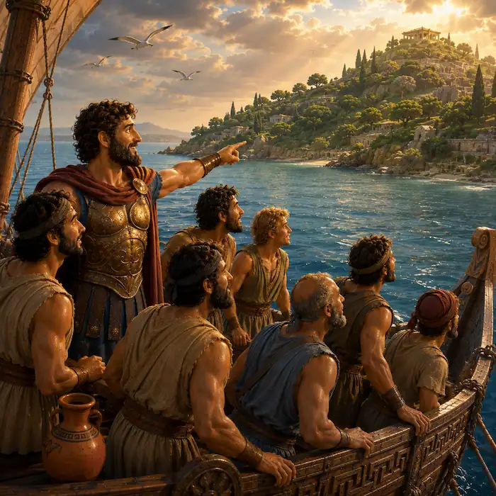 Odysseus points toward a green island as his sailors approach the shore