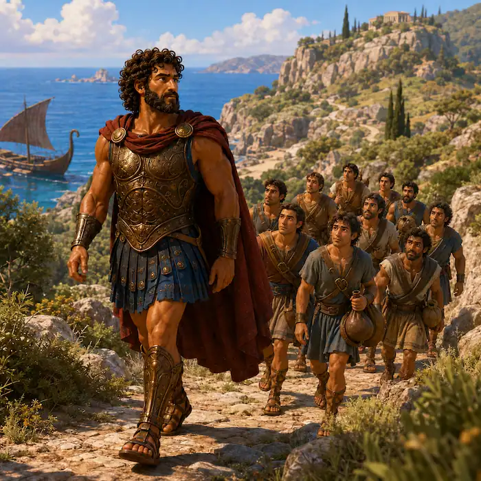 Odysseus leading sailors across the island toward the hills