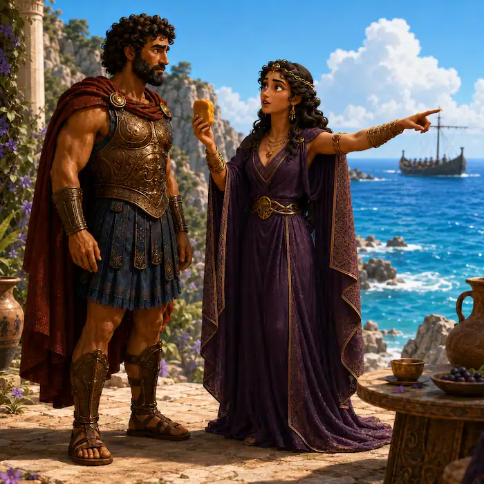 Odysseus and Circe looking toward a ship leaving the island