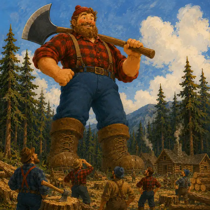 Giant Paul Bunyan stands with his ax above a busy lumber camp in the Paul Bunyan and Babe the Blue Ox story.