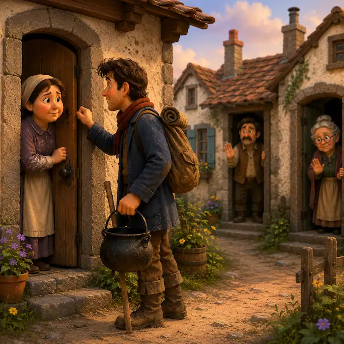 The Stone Soup traveler knocks at a cottage door while villagers watch from nearby homes