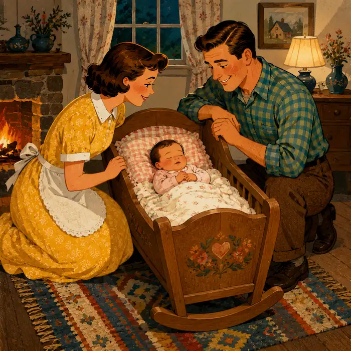 The Seven Ravens story illustration showing a mother and father leaning over their newborn baby girl in a wooden cradle by the fireplace.