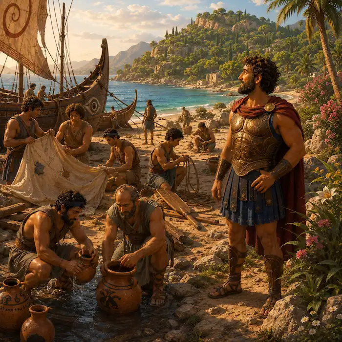 Odysseus watches his sailors repair sails and fill water jars on a sunny beach
