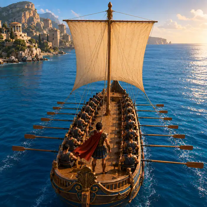 Odysseus’ ship sailing across calm blue water toward rocky cliffs
