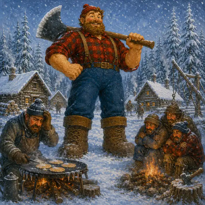 Paul Bunyan stands in the snowy lumber camp while the crew gathers around a frozen winter breakfast.