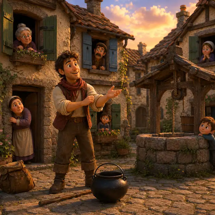 The traveler stands by the village well with his pot as curious villagers peek from windows