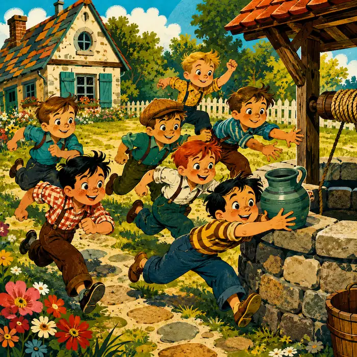 The Seven Ravens story illustration showing seven excited brothers racing toward a stone well in a sunny cottage yard.