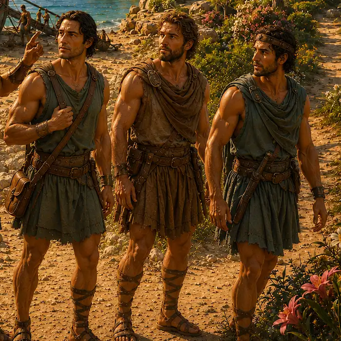Three Greek sailors walk inland from the beach to search the island
