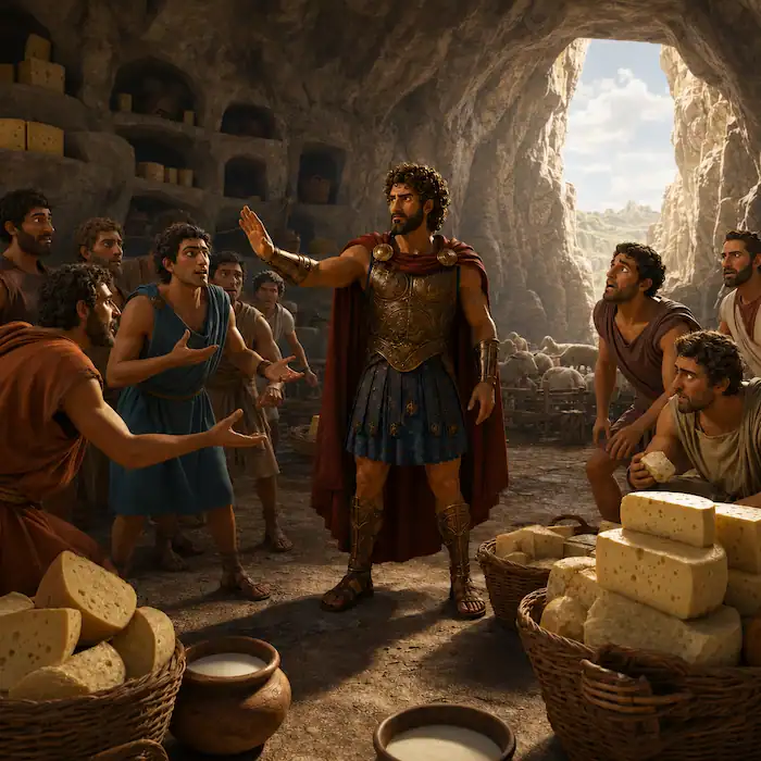 Odysseus and sailors looking toward the bright cave entrance