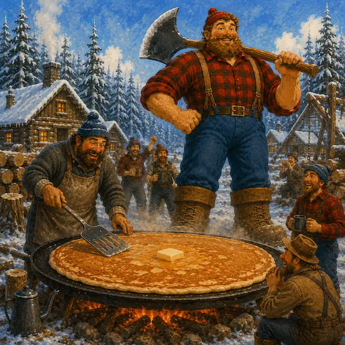 Paul Bunyan watches the camp cook and lumberjacks make an enormous pancake on a giant griddle.