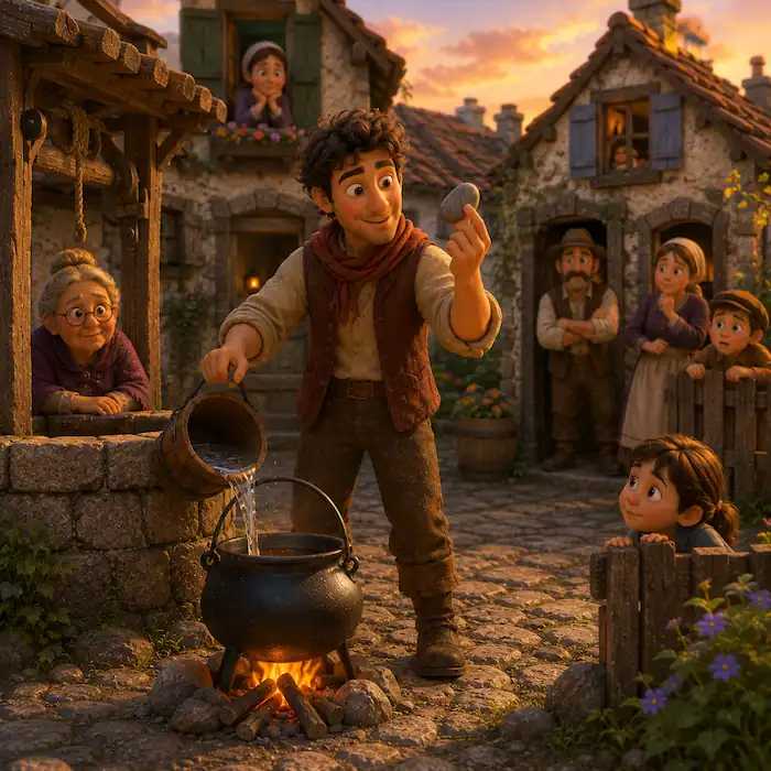 The Stone Soup traveler pours water into a pot and holds up a smooth gray stone