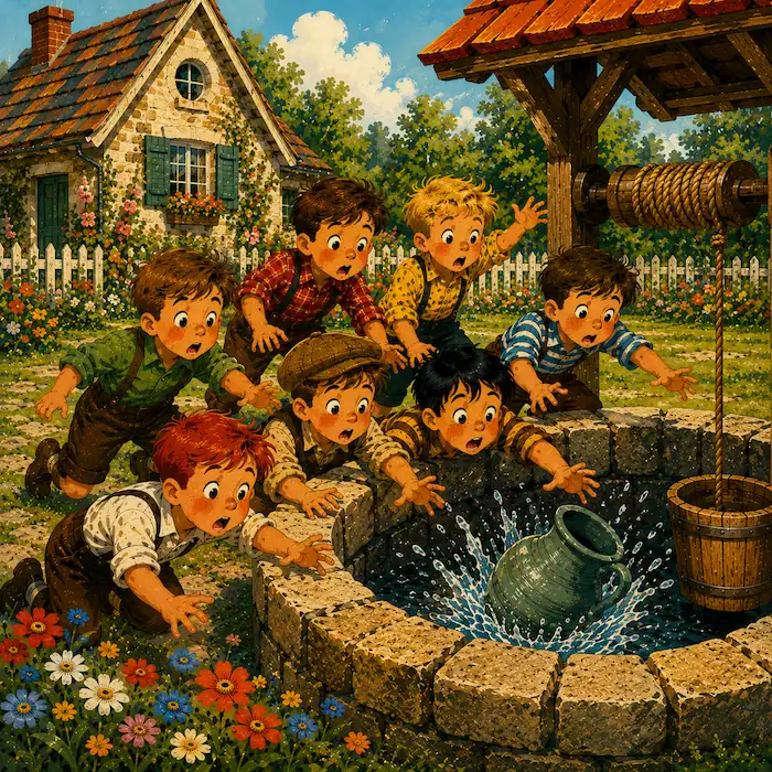 The Seven Ravens story illustration showing seven startled brothers leaning over a stone well as a water jug splashes into the dark water.