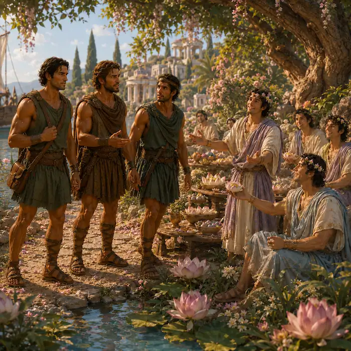 Three sailors meet smiling island people beside tables of lotus flowers and food