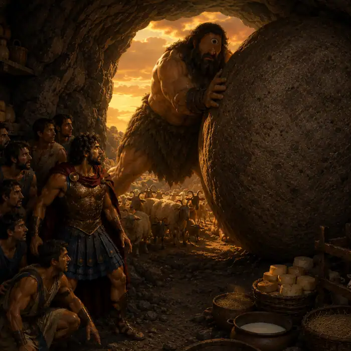 The Cyclops blocking the cave entrance with a giant stone