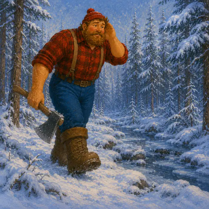 Paul Bunyan walks through a snowy forest listening for a small sad sound in the American tall tale.