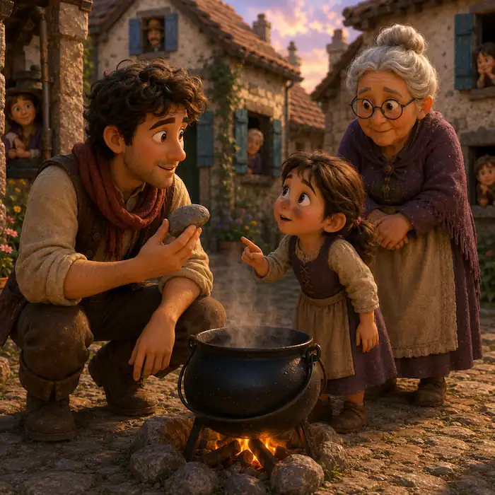 A child asks the traveler about the stone beside a steaming pot in the village square