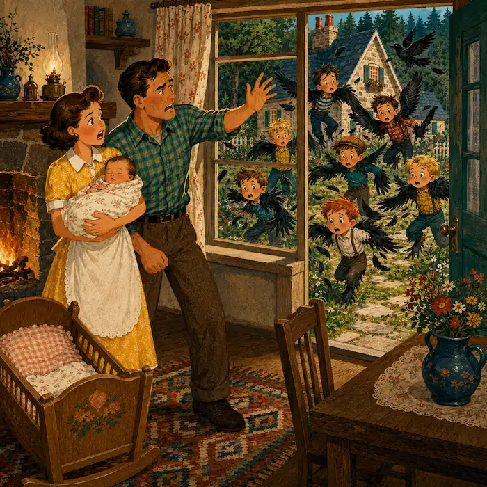 The Seven Ravens story illustration showing anxious parents inside the cottage while the seven brothers gather outside the open window.