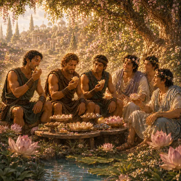 The three sailors sit with the Lotus Eaters and taste sweet lotus food by the water