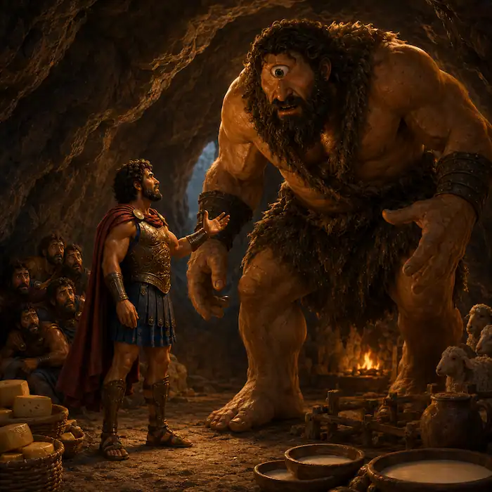 Polyphemus the Cyclops standing over Odysseus and his sailors in the cave