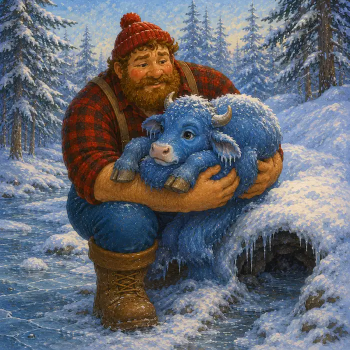 Paul Bunyan gently carries the little blue ox calf Babe beside a frozen creek in the snowy woods.