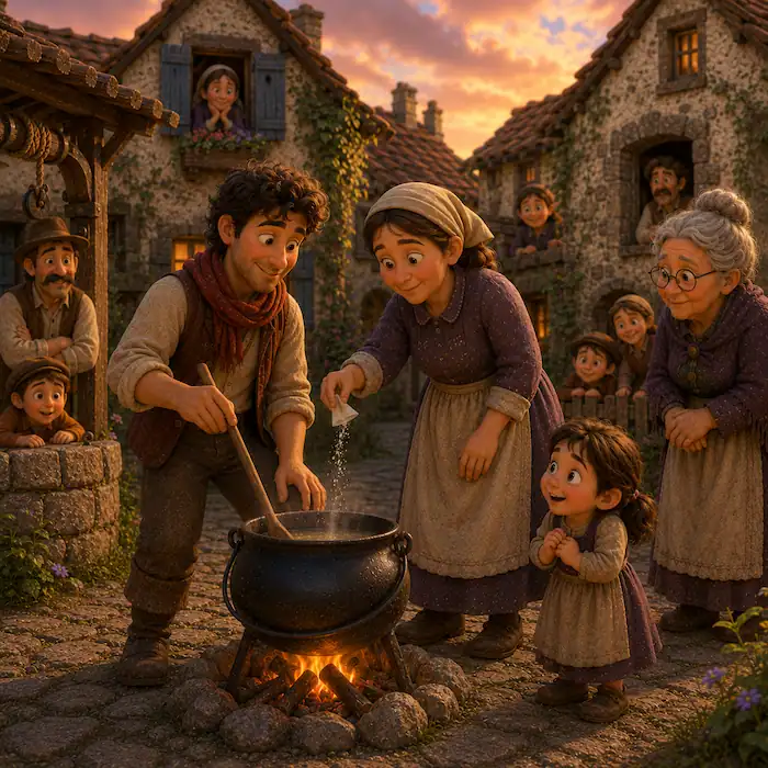 A village woman adds salt to the Stone Soup pot while the traveler stirs
