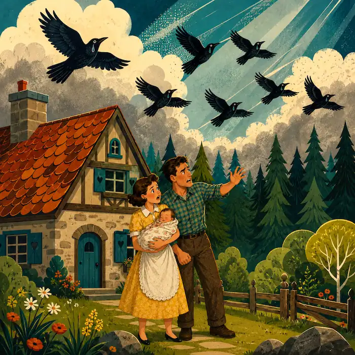 The Seven Ravens story illustration showing a mother holding the baby and a father watching seven black ravens fly away over the cottage.