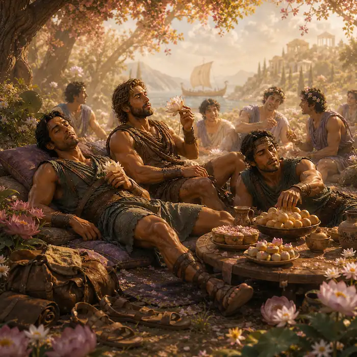 Sailors lie dreamily under flowering trees after eating lotus food