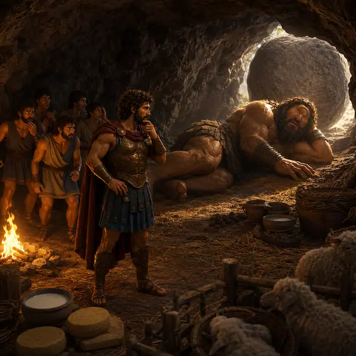 Odysseus and sailors trapped inside the cave behind the giant stone