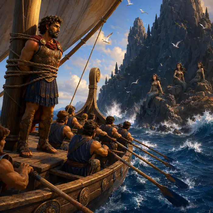 Odysseus tied to the mast as sailors row toward a rocky shore
