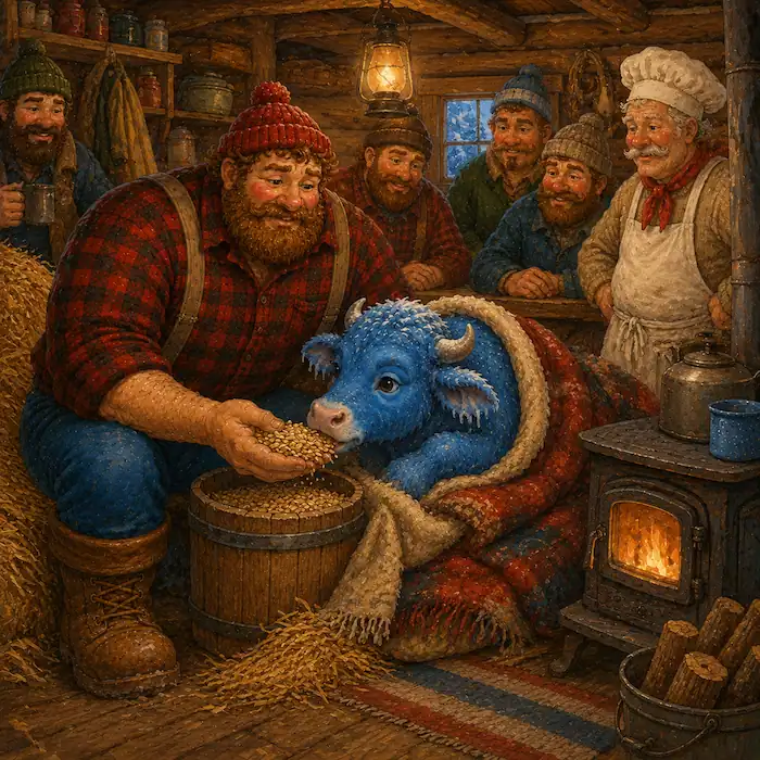 Paul Bunyan and the logging camp crew warm Babe the Blue Ox beside the stove after finding him in the snow.