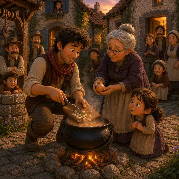 Granny Tansy gives an onion while the traveler adds chopped onions to the soup