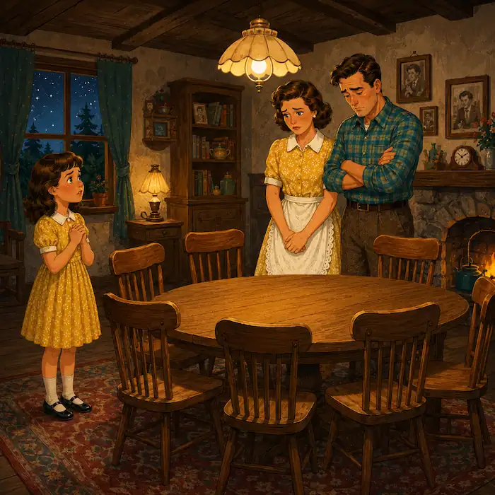 The Seven Ravens story illustration showing a young girl facing her worried parents across a table with seven empty chairs in the room.