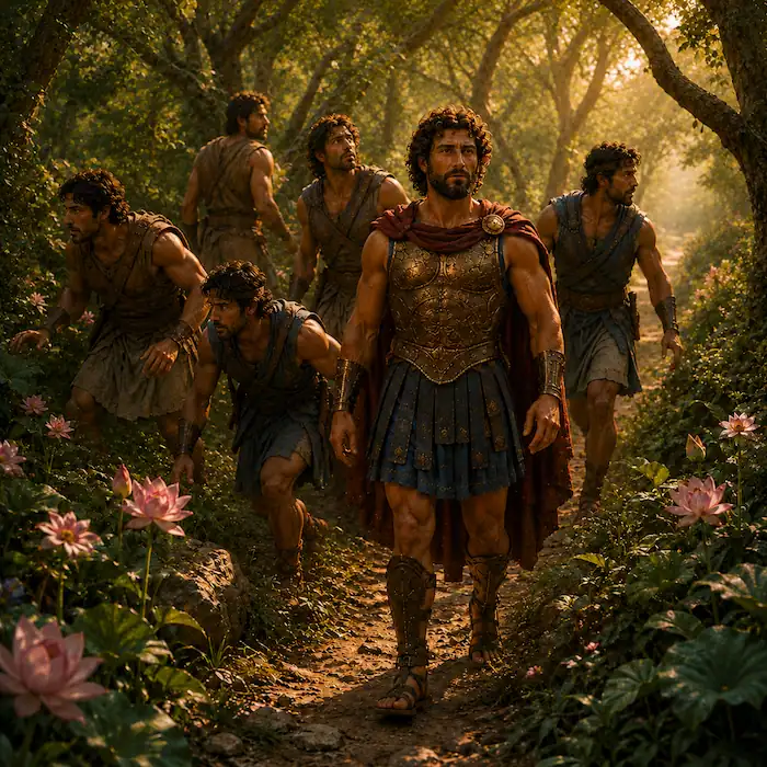 Odysseus leads sailors through a wooded path among lotus flowers