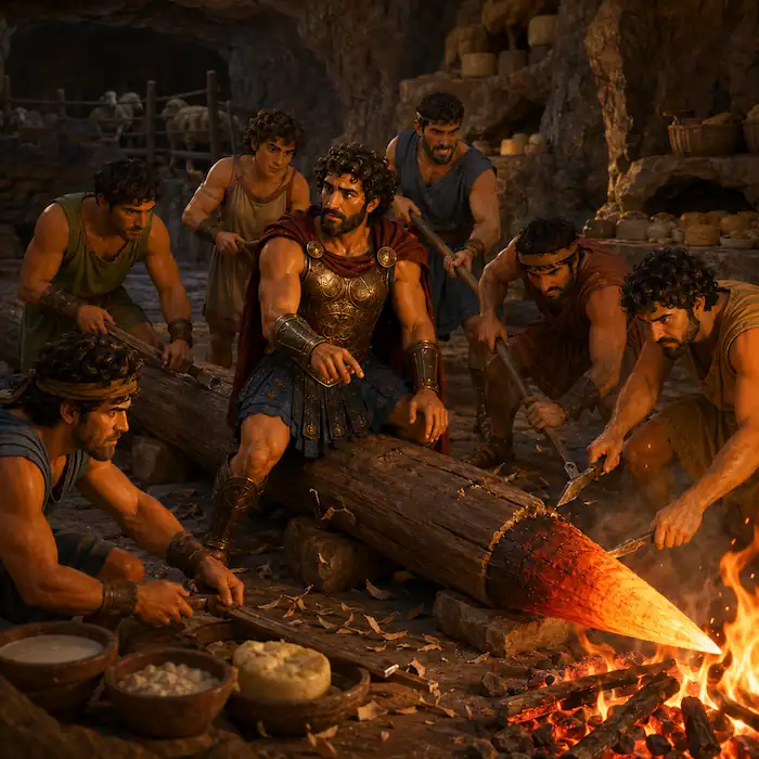 Odysseus and sailors preparing a wooden staff as part of their escape plan